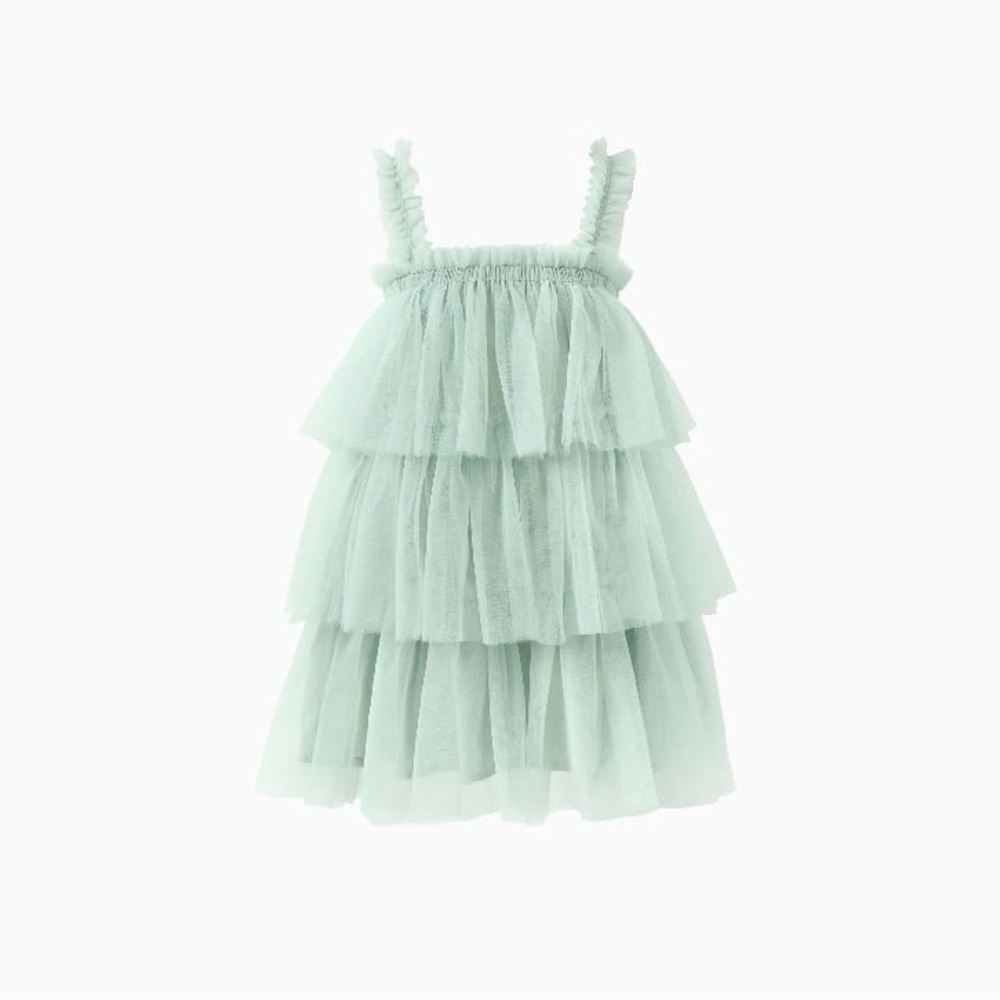 Patpat Girl Mint Green Tiered Tulle Layers Ruched Mesh Dress, Size 8-9Y